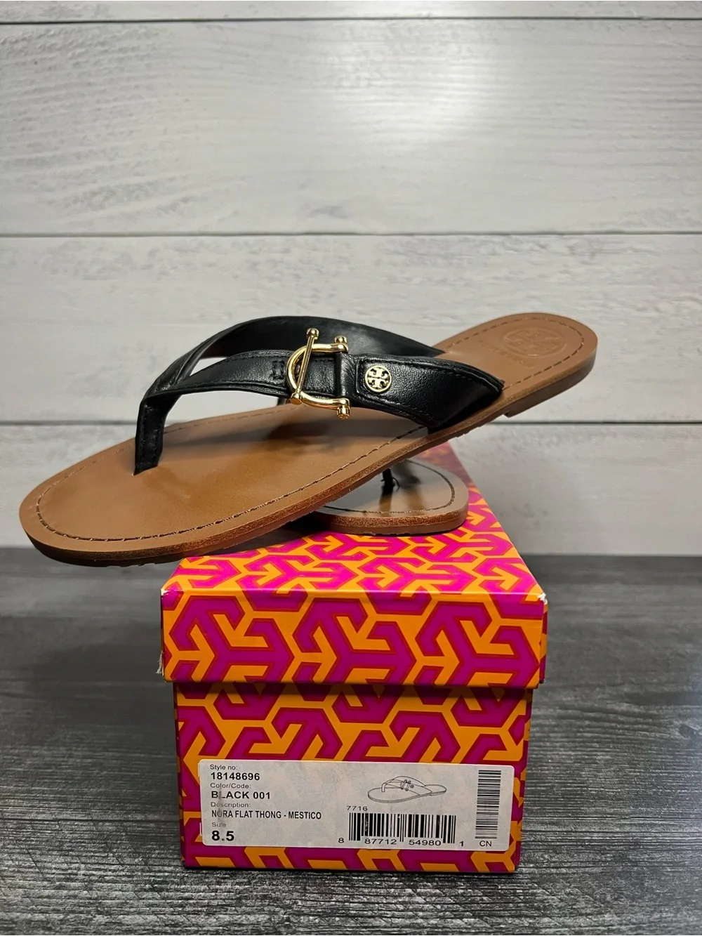 Tory Burch Black Leather Nora Thong Sandal with Gold Logo